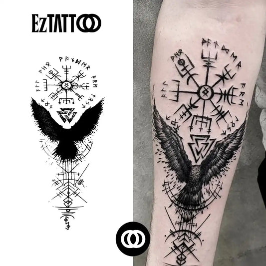 Corvo Nórdico com Runas Tatuagem Temporária Realista