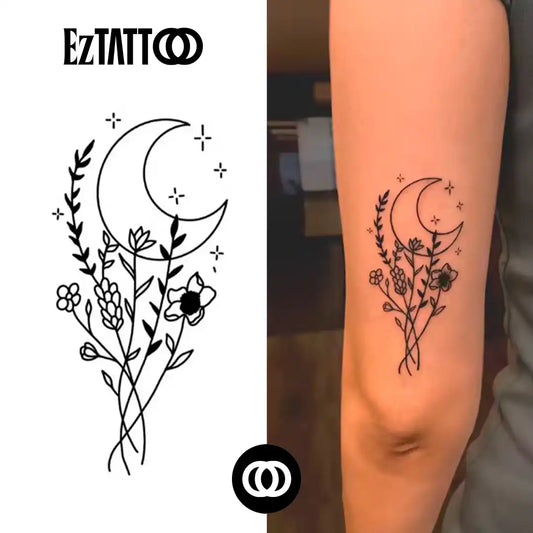 Flores e Lua Crescente Tatuagem Temporária Delicada