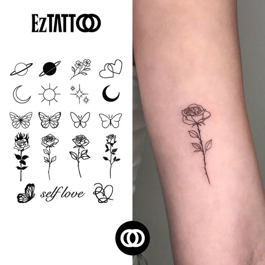 tatuagem-temporaria-rosa-e-elementos-celestiais